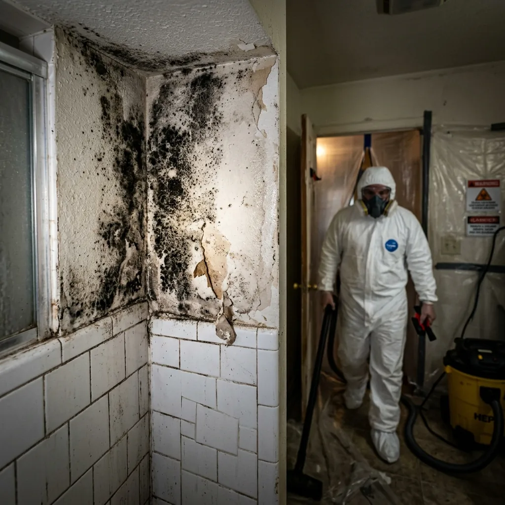 Contained black mold remediation work area with HEPA air scrubber in an Arizona home