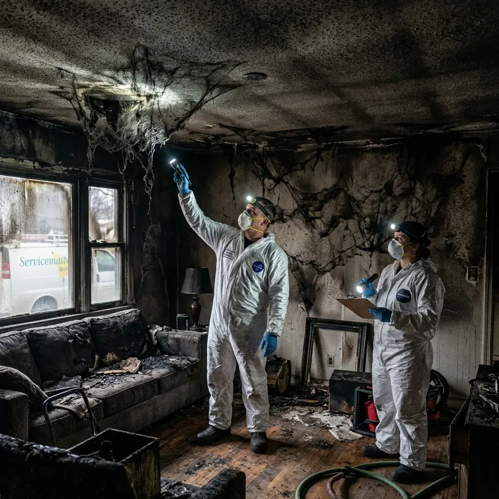 Technician cleaning soot and smoke residue from walls in a Mesa home