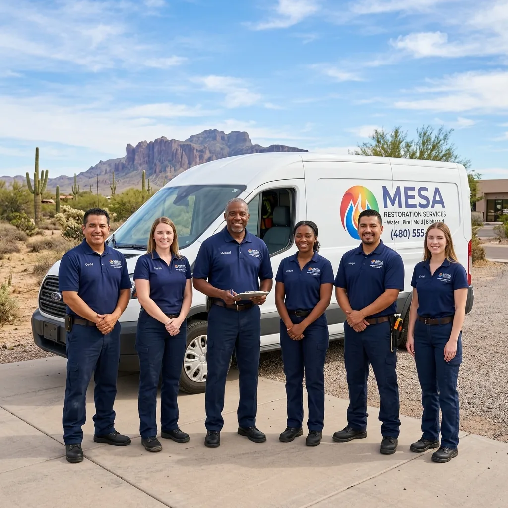 Damage Restore Mesa AZ restoration team standing in front of service vehicle in Mesa, Arizona