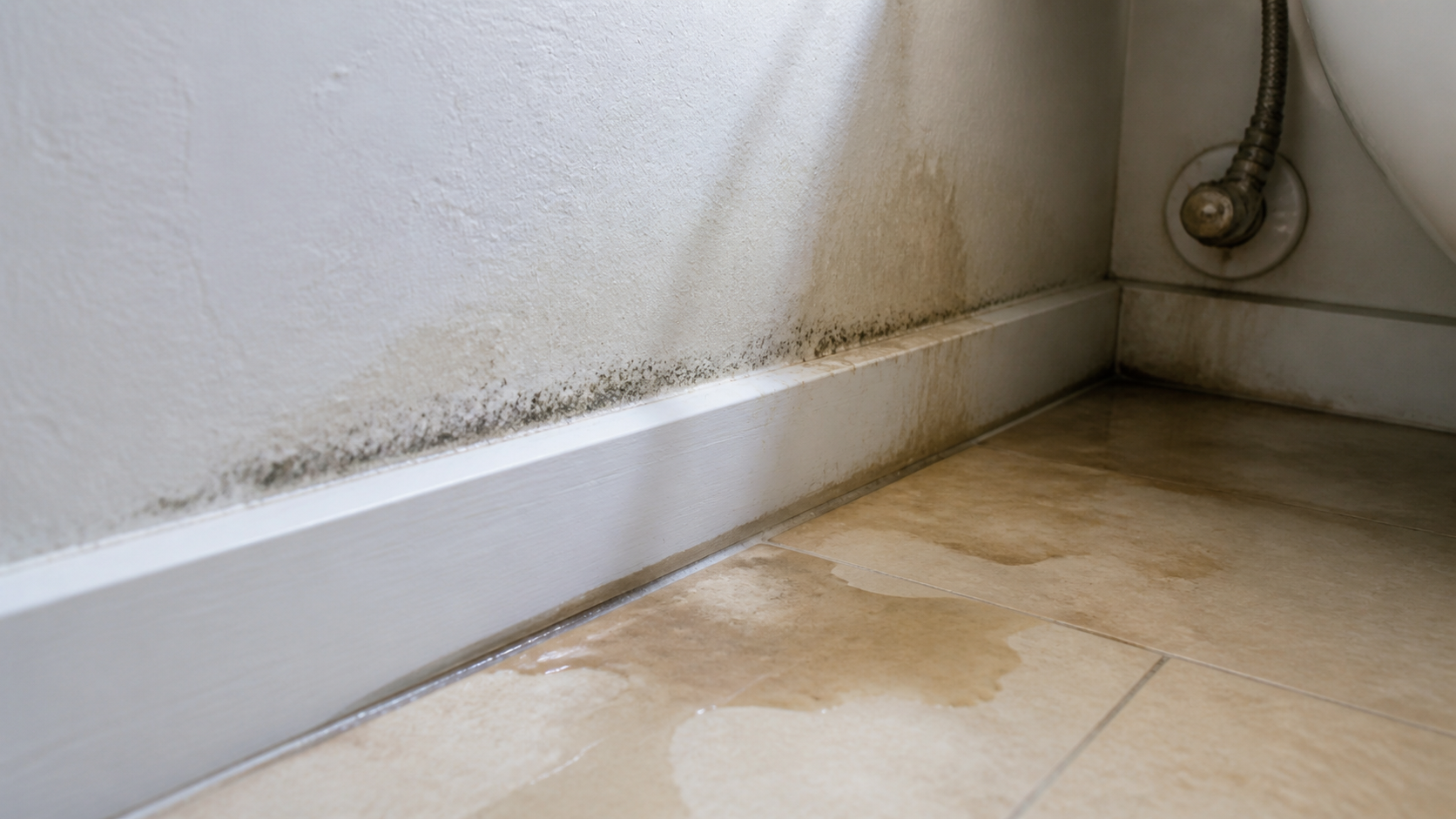 Mold and moisture marks along a bathroom baseboard