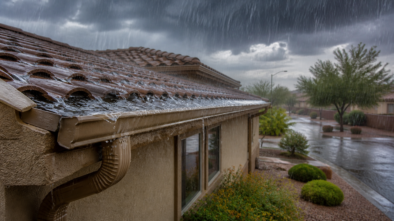 Monsoon rain flowing through gutters on a Mesa home
