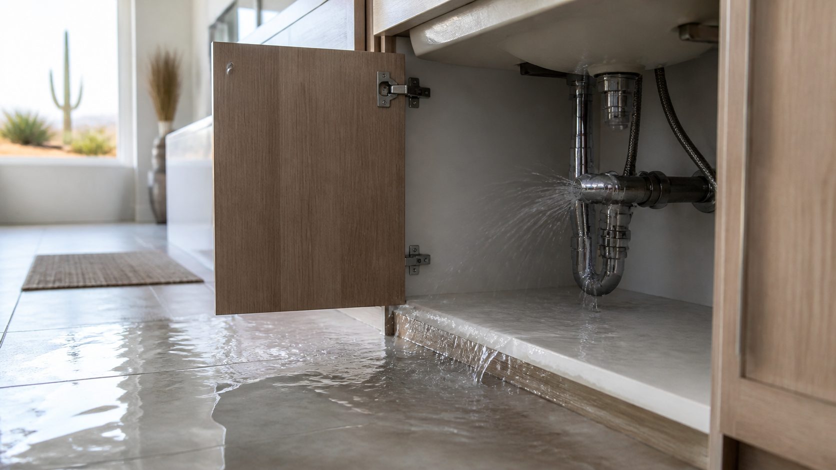Burst water pipe under a Mesa home bathroom sink