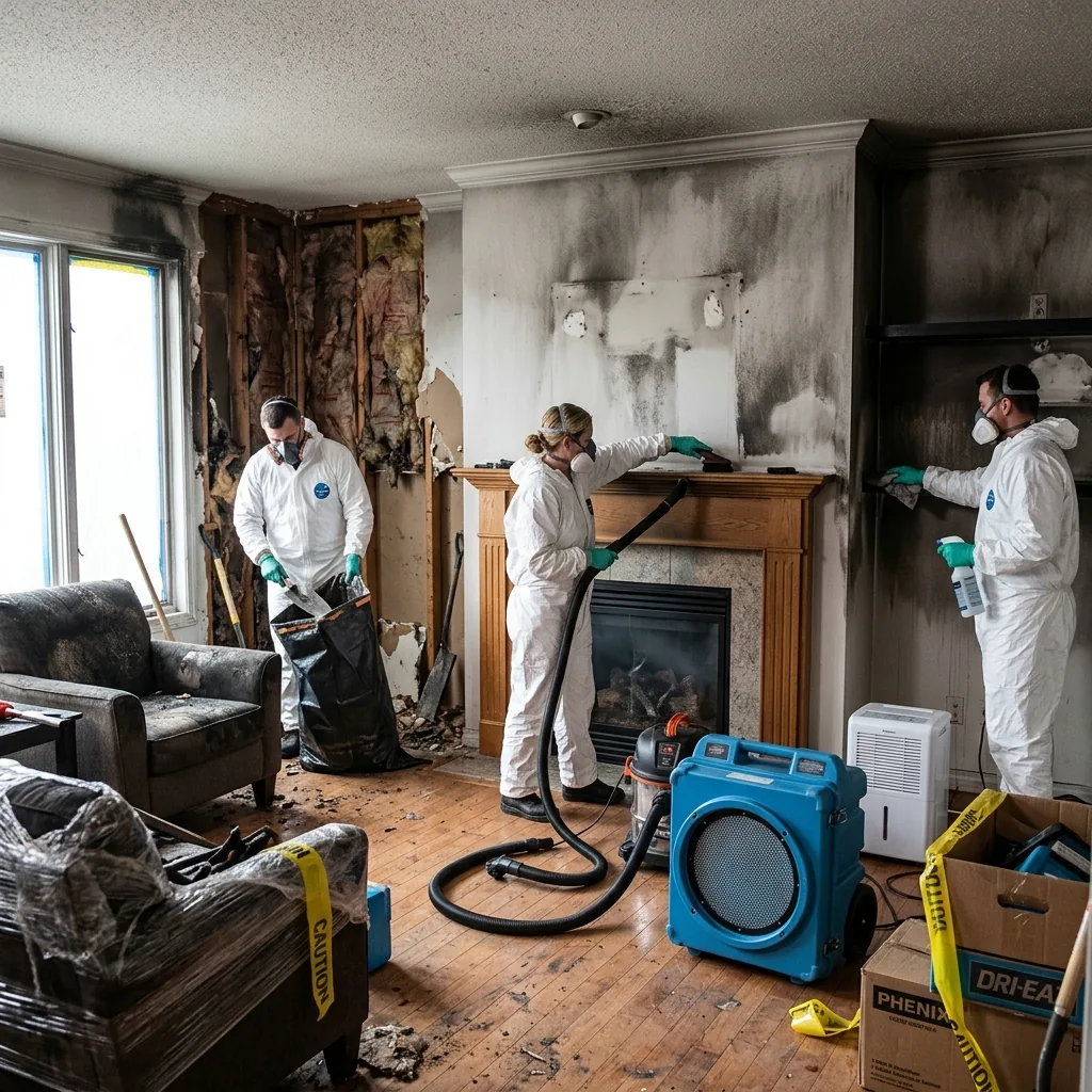 Fire damage restoration project in a Mesa living room