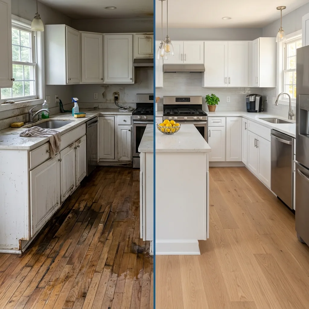 Before and after water damage restoration in a Mesa kitchen