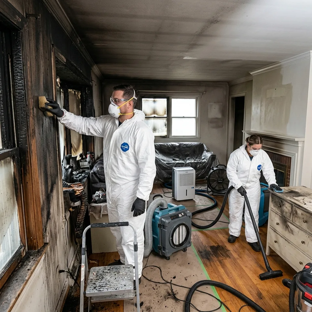 Fire damage restoration crew cleaning and restoring a fire-damaged room in Mesa, AZ