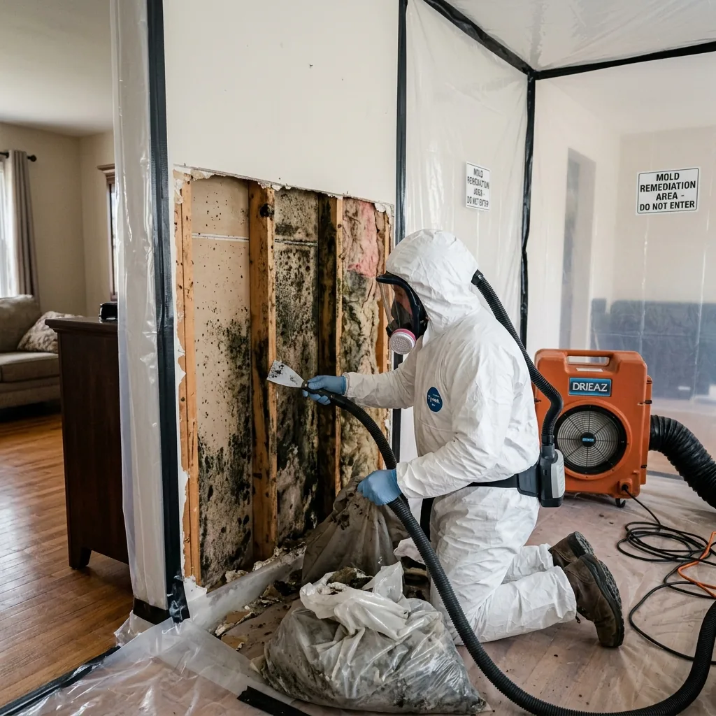 Mold removal specialist in protective gear performing mold remediation in a Mesa, AZ home