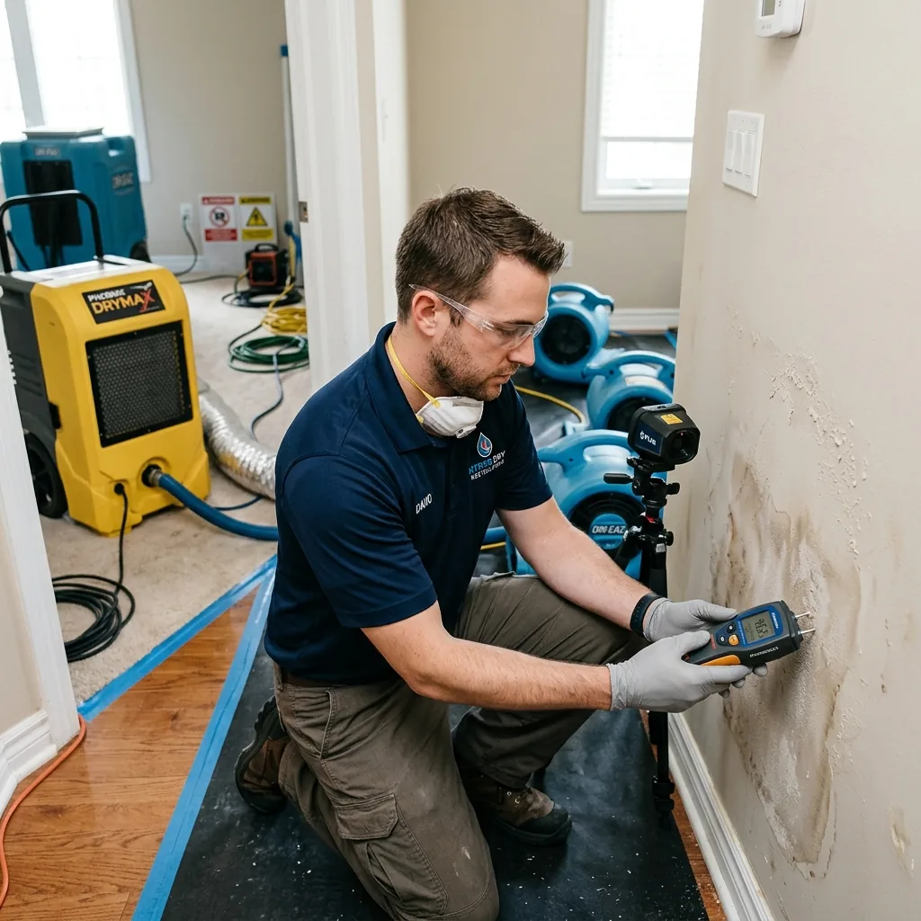 Water damage restoration technician using moisture detection equipment in a Mesa, AZ home